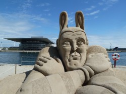 Art happens. Relentless graffiti notwithstanding, art like air in Copenhagen; it's everywhere. This sand sculpture--with a funky performing center behind it--was one of dozens that sprang up for a summer-long competition.
